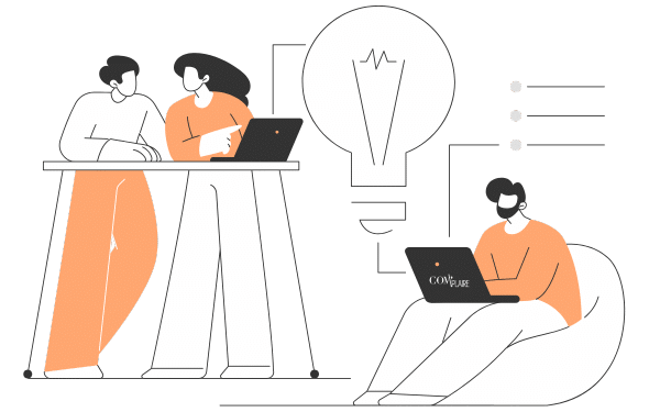 Illustration de l'équipe Com'plaire travaillant sur un projet de communication visuelle.